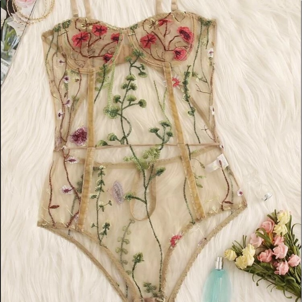 Floral embroidery mesh teddy bodysuit